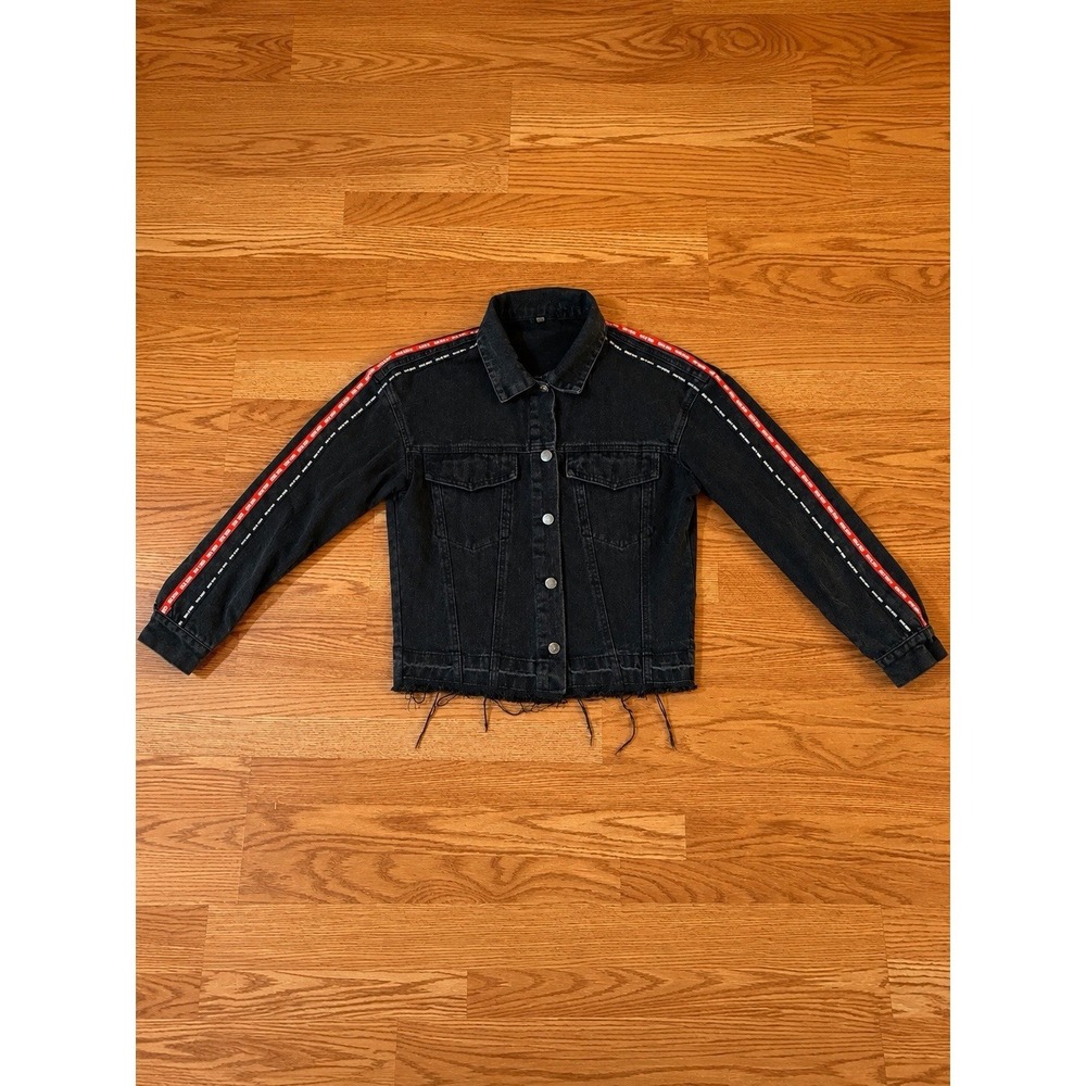 Falmer Heritage Denim Jacket Womens M Black Washed Red Logo Tape Raw Hem Y2K